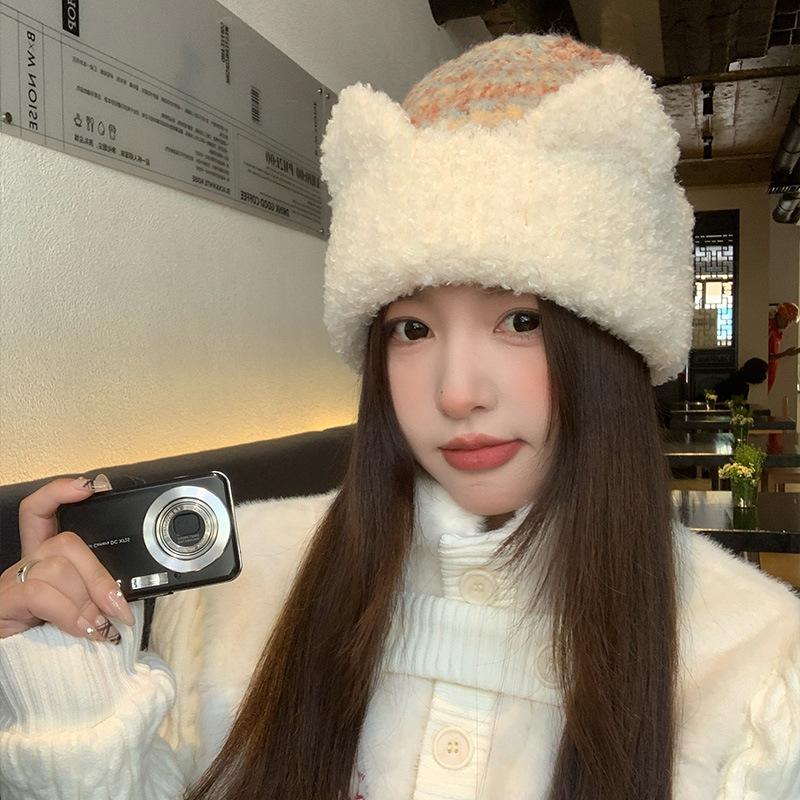 Cute Cat Ears Mixed Color Plush Knitted Hat for Women In Autumn and Winter Sweet Face-showing Small Woolen Hat Warm Ear Protection Hat