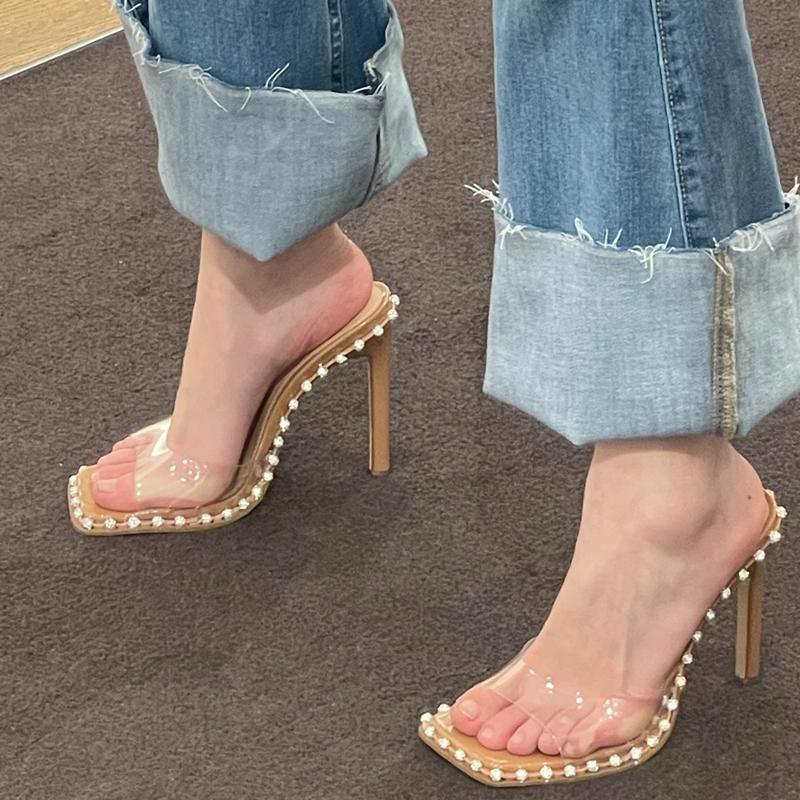 Fashion Summer Stiletto Sandals Women's Fashion Square Head Shallow Mouth Transparent Strap Beaded Non-slip High-heeled Slippers