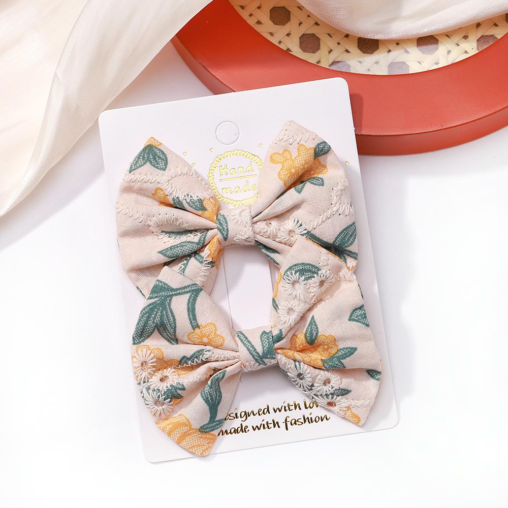 2Pcs/set Bows for Girls Hair Pins Embroidery Printing Hair Clips Solid Color Bowknot Handmade Barrettes Kids Hair Accessories