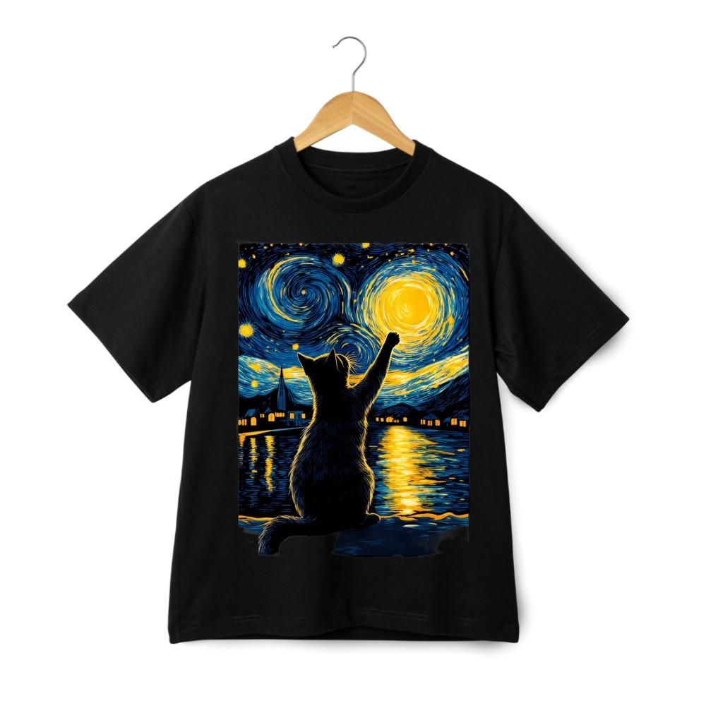 Starry Night Cat Reaching for the Stars Art Graphic T-Shirt Casual Design Tee S