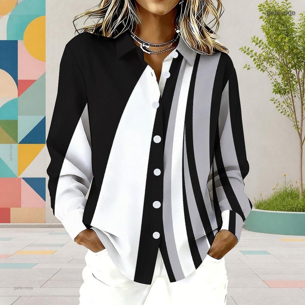 Women Plus Size Collared Neck Long Sleeve Geometric Printed Button Front Curved Hem Shirt