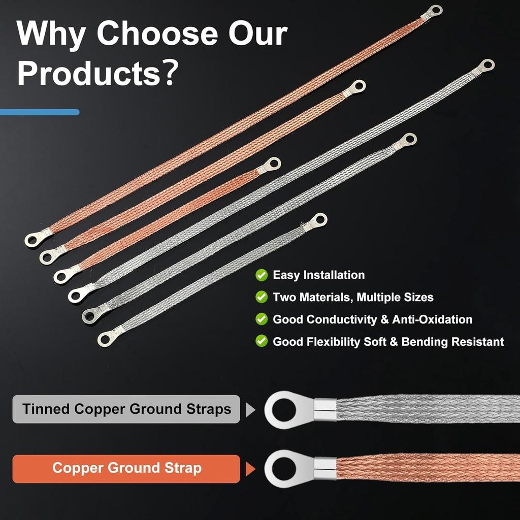 12 Pcs Universal Automotive Ground Straps, 10/15/20 Inch Engine Ground Strap Kit With Ring Terminals, Braided Copper Tinned Copper Engine Grounding