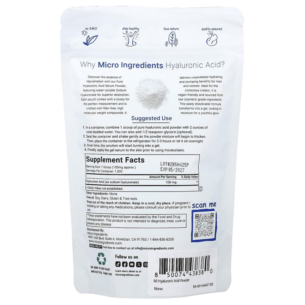 Micro Ingredients Hyaluronic Acid Powder, 100g (3.52oz)