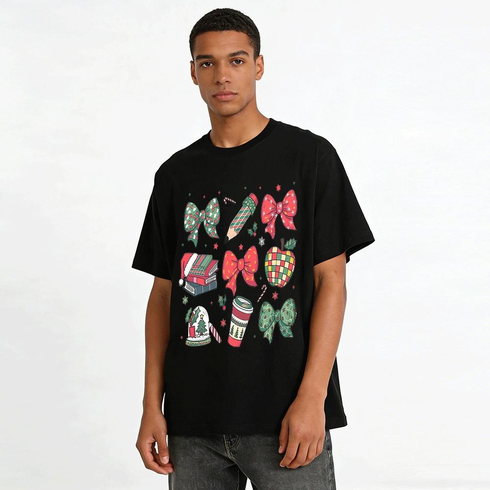 Christmas Element Bow Print Casual Top Pure cotton T-shirt