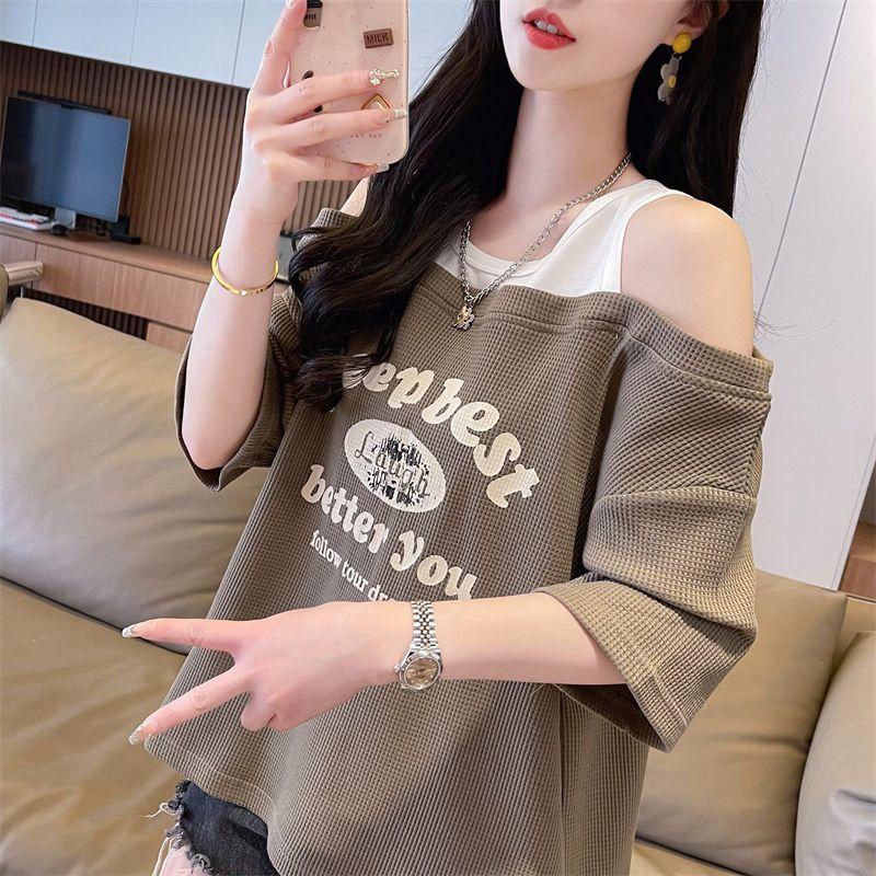 Women's Waffle Knit Off-Shoulder T-Shirt Fake Two-Piece Loose Plus Size Short Sleeve Printed Summer Top