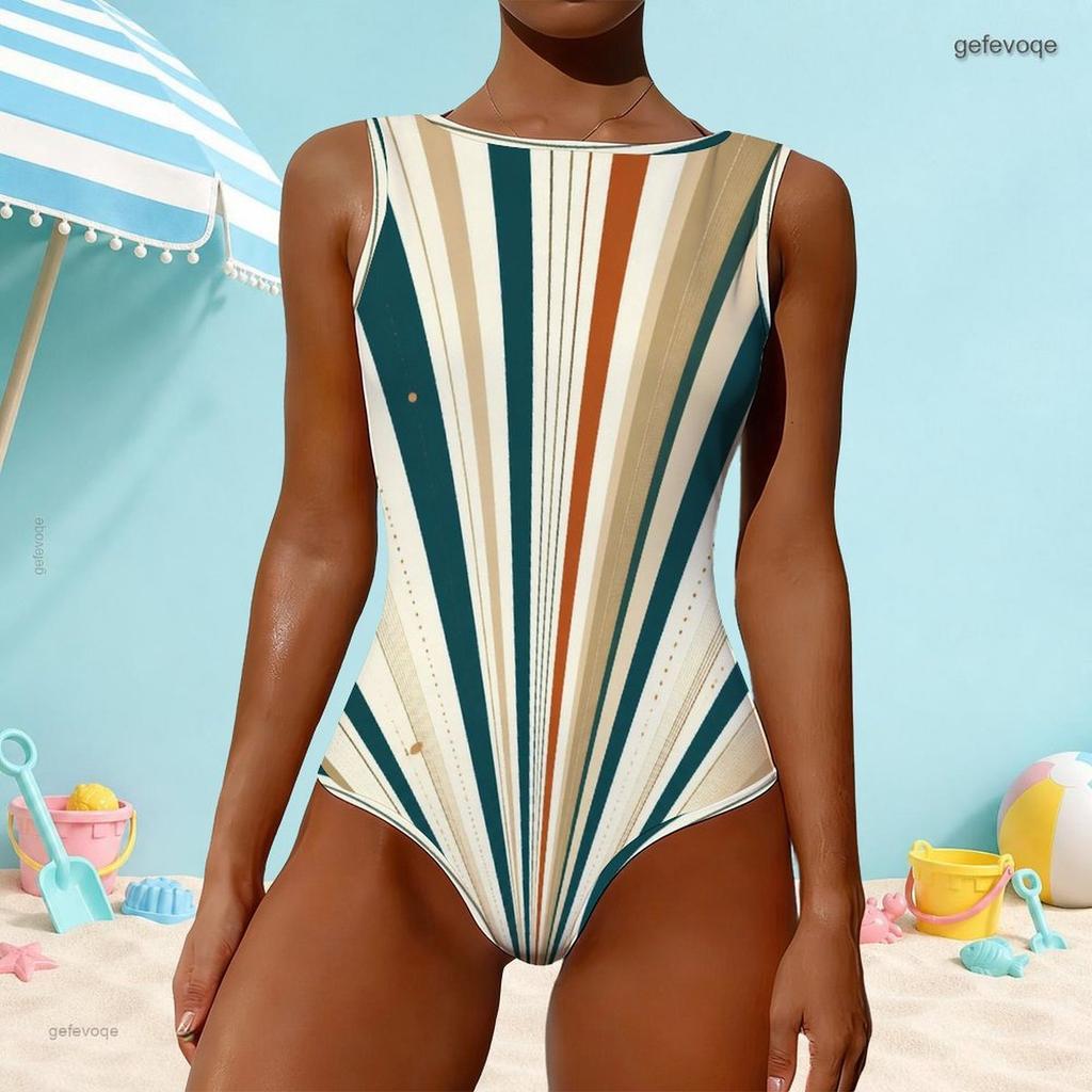 Women Plus Size Geometric Printed High Round Neck Sleeveless One Piece Swimsuit