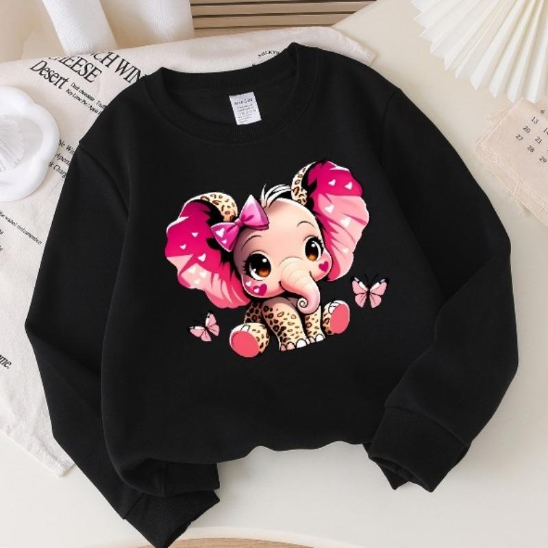 Kids Crewneck Sweatshirt, Cute Pink Elephant with Bow & Butterflies Print, Soft Casual Pullover for Fall Winter