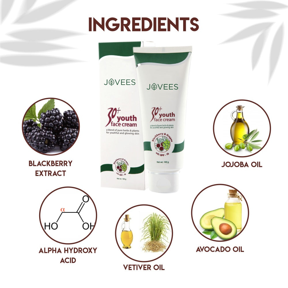 Jovees Herbal Youth Face Cream 30+ With SPF16 For Fine Lines Dark Spots Firm Skin And Radiant Glow 100gm Unisex Anti Ageing Moisturizer
