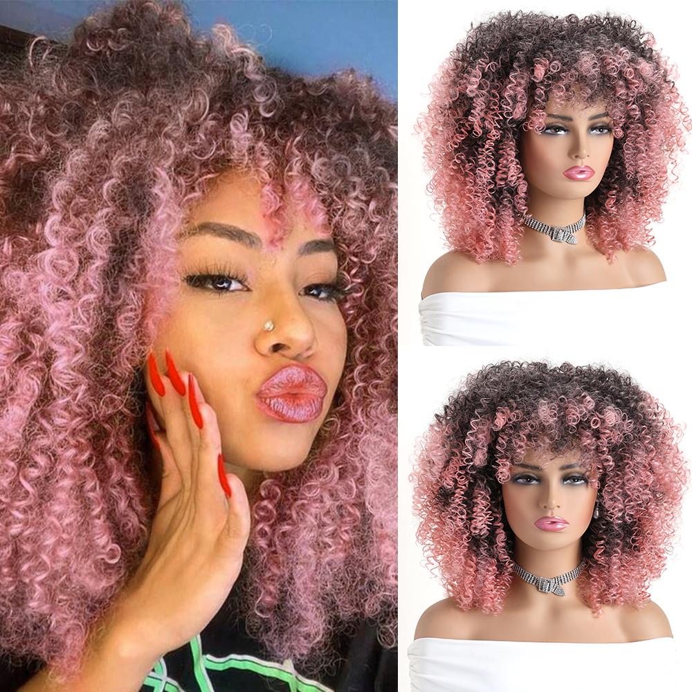 16 Zoll Afro Kinky Curly Synthetikhaar Gradient Lila Perücken mit Pony Weiche Flauschige Faser Perücken für Party Cosplay Tägliche Nutzung
