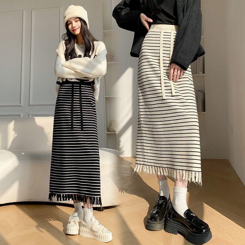 New Korean Autumn/Winter Striped Half Length Skirt for Women High Waist Slim Fashionable Versatile Medium To Long Casual Skirt