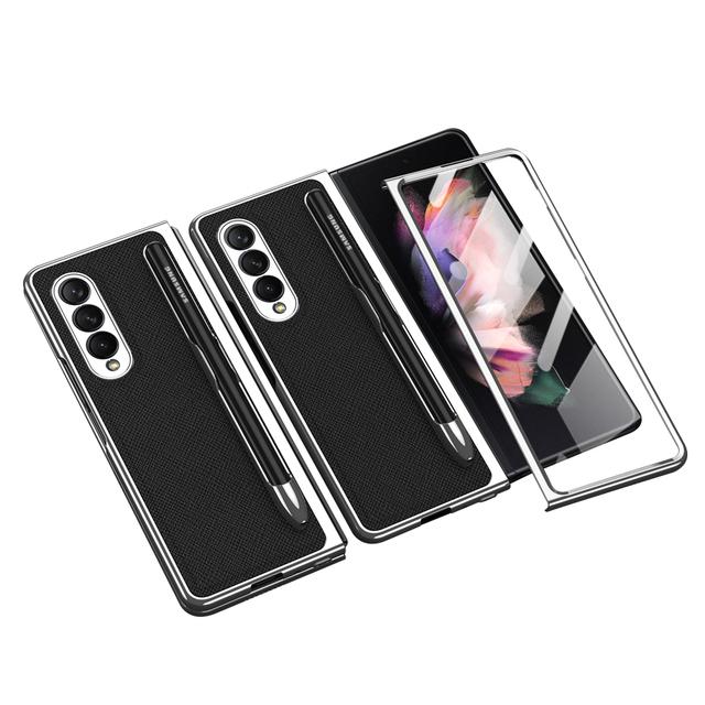 Husă cu Suport S Pen Pentru Samsung Galaxy Z Fold 3 5g Carcase Shell Folie Integrată Galvanizare Piele Simplă Slot pentru Stilou Z Fold3