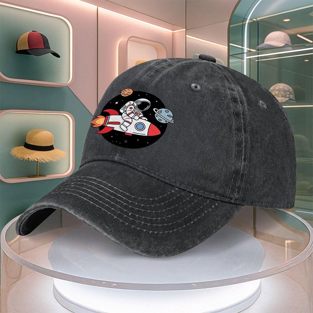 Astronaut Rocket Space Pattern Mens Baseball Cap Curved Brim Dad Hat Adjustable Duck Tongue Cap