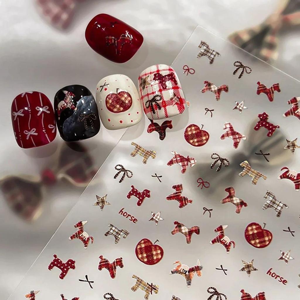 3D Year of the Horse Red Fabric Texture Nail Art Stickers