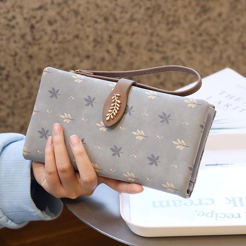 Large Capacity Floral Portable Student Handheld Long Wallet PU Printed Leaf Mobile Wallet