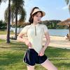 Womens Modest Two-Piece Swim Set With Short Sleeve Top Boxer-Style Bottoms Light Striped Design Swimming Fitness Running