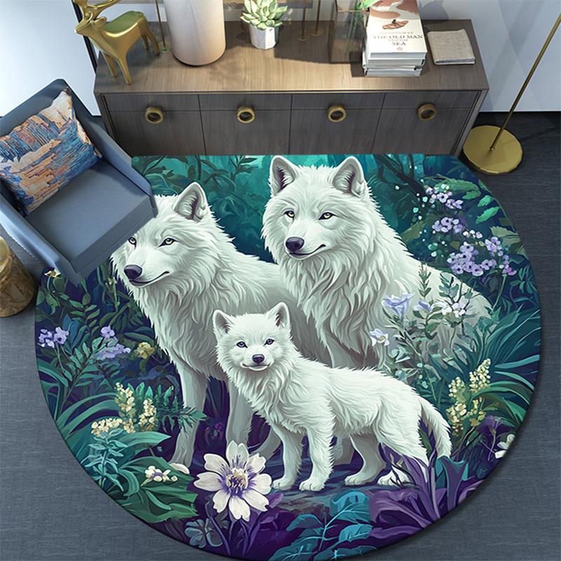 Wolf Family Round Area Rug,Carpet Rug for Living Room Bedroom Sofa Playroom Decor,Non-slip Floor Mat