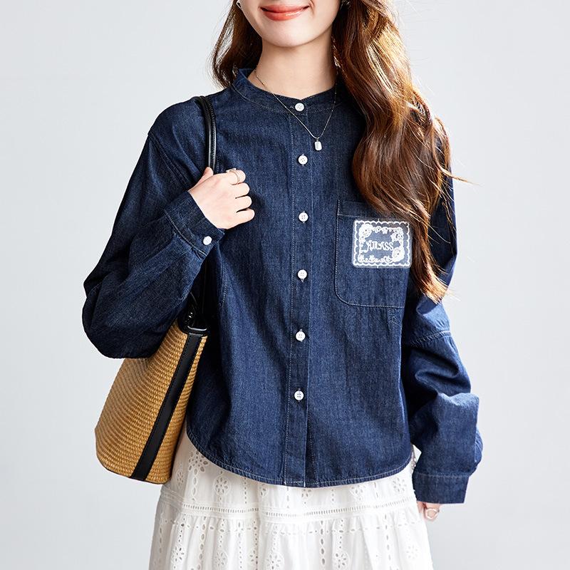 Round Neck Denim Blue Shirt for Women Long Sleeve Summer New Thin Tops Literary Vintage Shirt