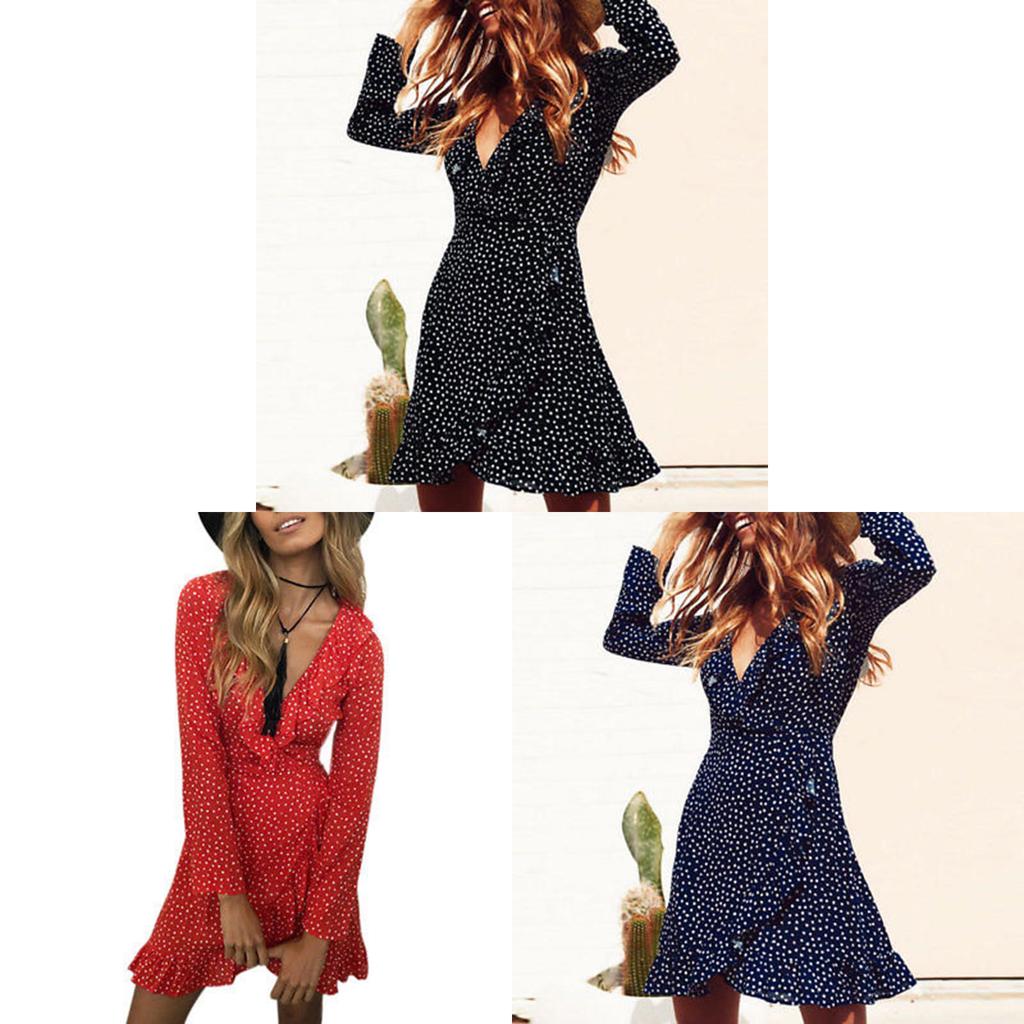 Elegant 128 Digital Print Irregular Ruffle Hem Polka Dot Deep V Chiffon Dress For Stylish Adults