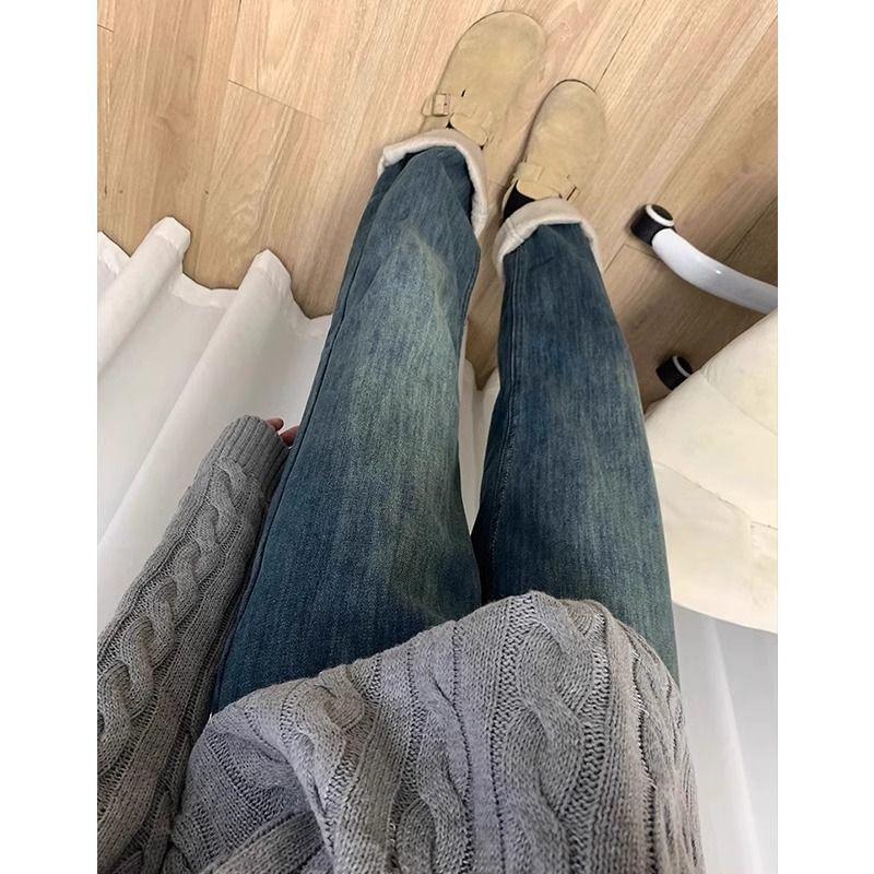 Women's Plus Size Retro Blue Velvet-Lined Straight-Leg High-Waist Jeans - Winter Slimming Wide-Leg Pants