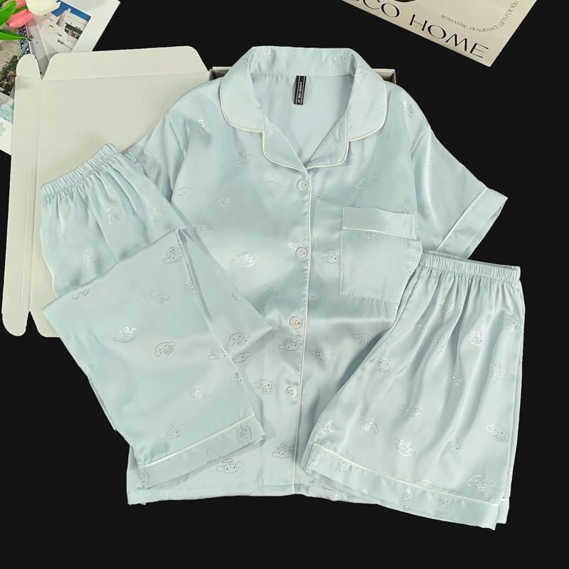Women's Ice Silk Pajama Set: Built-in Bra, Silver Cinnamon Dog & Cat Top, Shorts & Long Pants