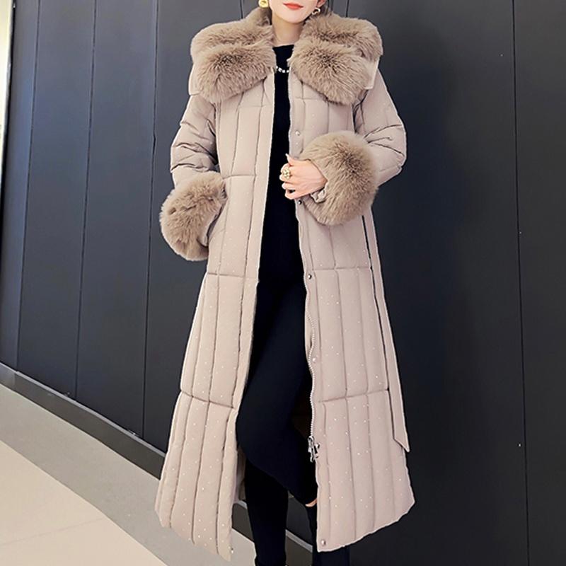 Móda nadměrné velikosti L-4XL Dámské zimní kabáty s páskem Velký límec z umělé kožešiny Dlouhé parky s kapucí Volné Silné Dámské bundy
