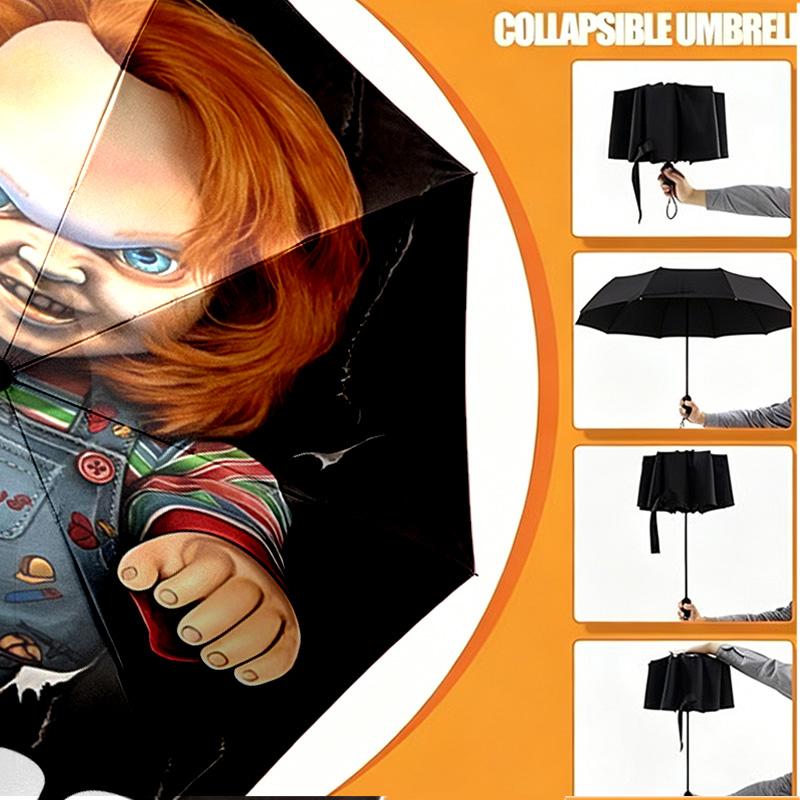 Custom Name Personalized Horror Movie Print Umbrella, Auto Open Close, 8‑Rib Sturdy Frame, Commute Camping Hiking Use, Birthday Gift