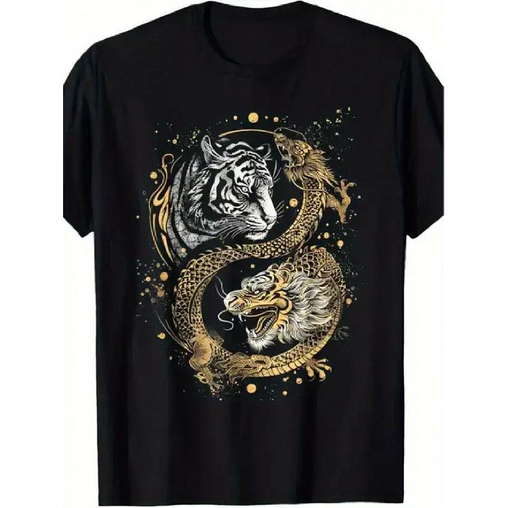 Men's Cotton Yin Yang Tiger & Dragon Martial Arts T-Shirt - Black with Golden Chinese Cultural Design, Tai Chi & Kung Fu Training Outfit, Retro Asian