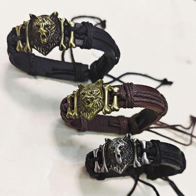 Pletený kožený náramek s vlčí hlavou - Nastavitelný tibetský etnický styl