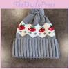 Simple Warm Knitted Hat Cherry Embroidery Design And Plush Decoration Ball