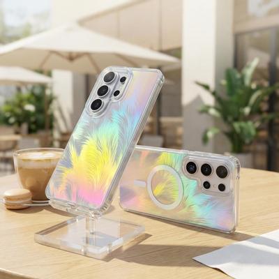 Applicable To Samsung S25ultra Feather Yarn Magnetic Mobile Phone Case Gradual Change S25edge Color Plating S26 Laser Colorful Anti-drop