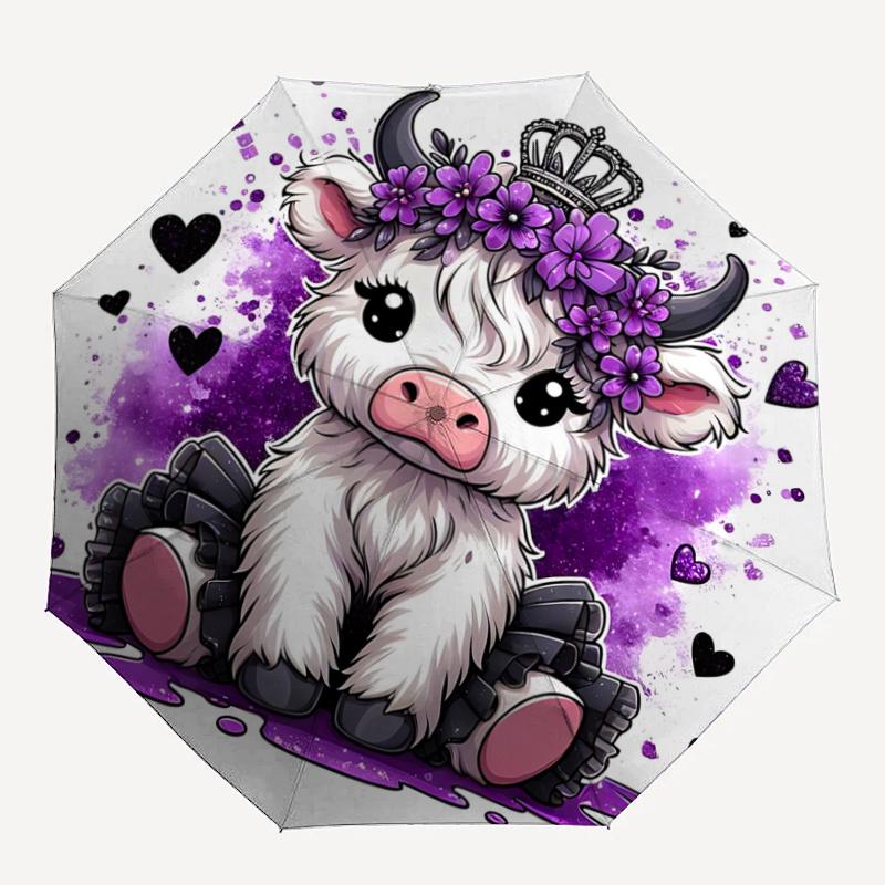 1pc Purple Crown Cow Automatic Open/CloseFashion Umbrella-CuteUmbrella with Cute Design, Portable 3-Fold Compact Umbrella for Men & Women, Valentine's