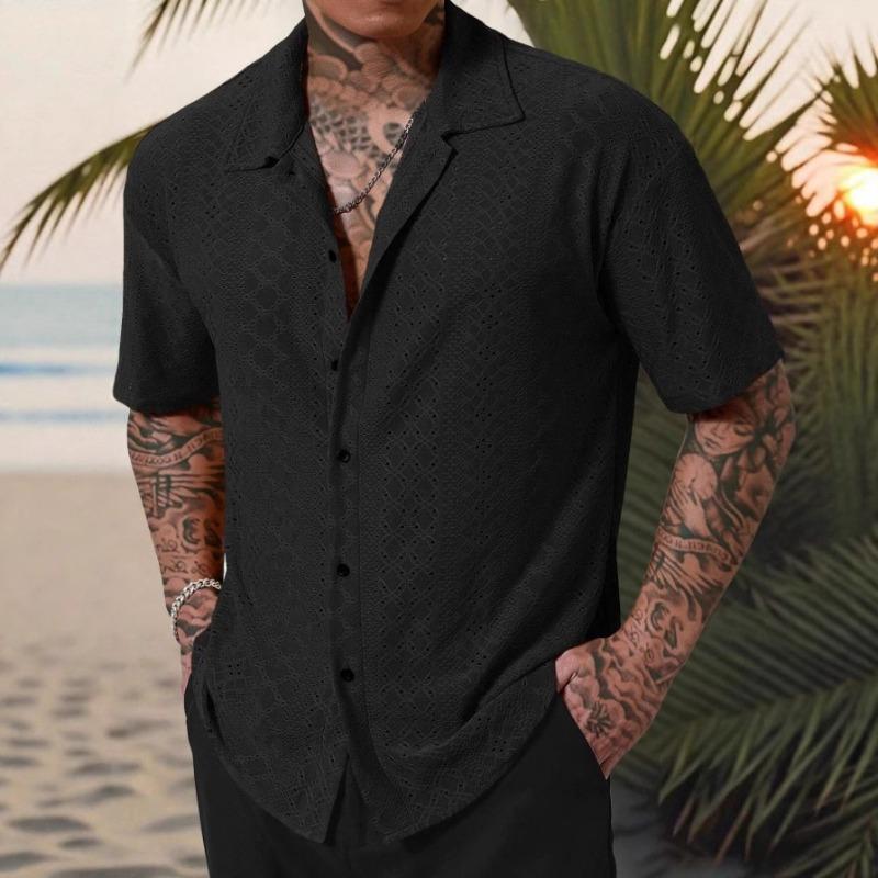 Spring Popular Men's Hollow Jacquard Short Sleeve Shirt Versatile Casual Breathable Comfortable Top