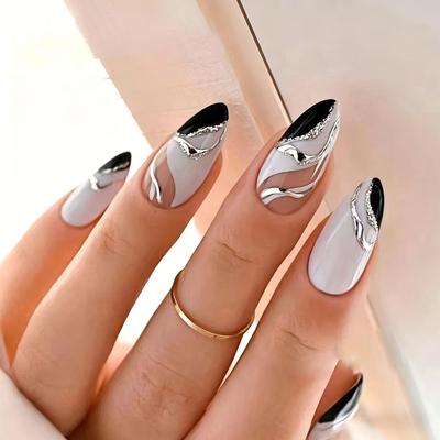 24PCS Black White Gold Almond Press On Nails, Long Coffin False Nails with Line Art, Fashion Fake Nails Kit Mother's Day Gift