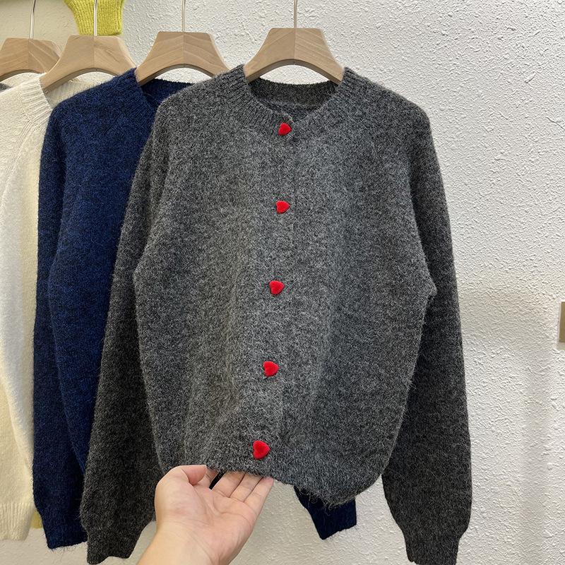 Women's Retro Dark Gray Wool Cardigan - Autumn/Winter, Soft & Warm with Love Button Raglan Sleeves