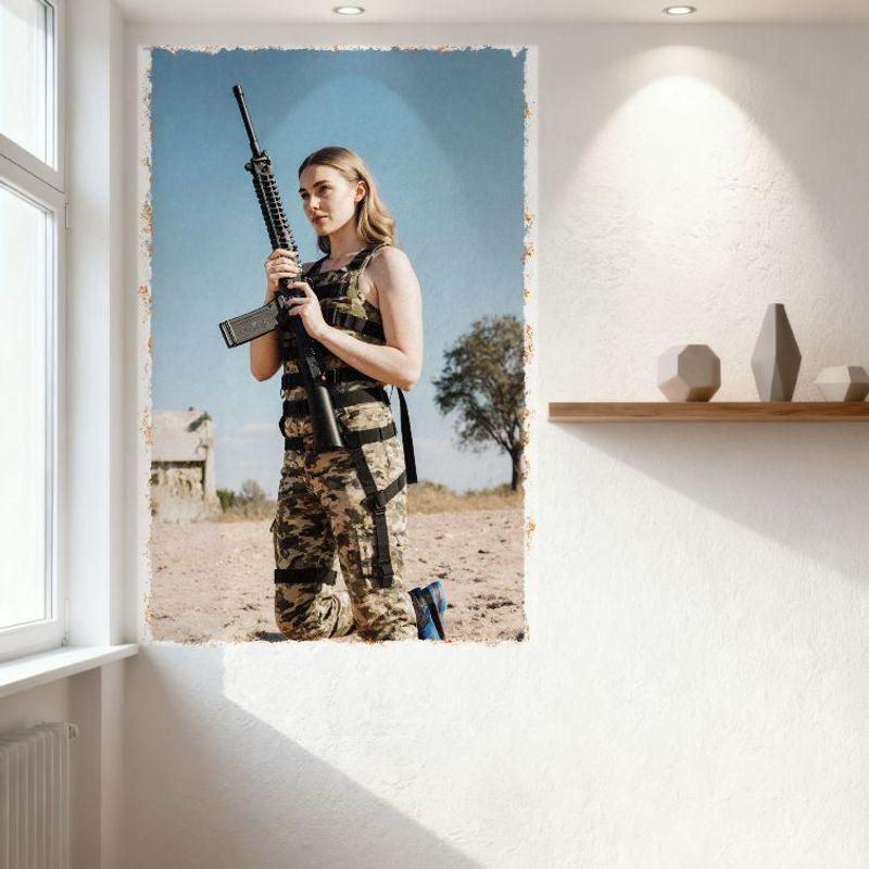 Sexy Blonde Woman in Camo Military Attire Kneeling with Rifle Desert Post-Apocalyptic Scene Tin Sign Metal Poster for Bar Pub Ho