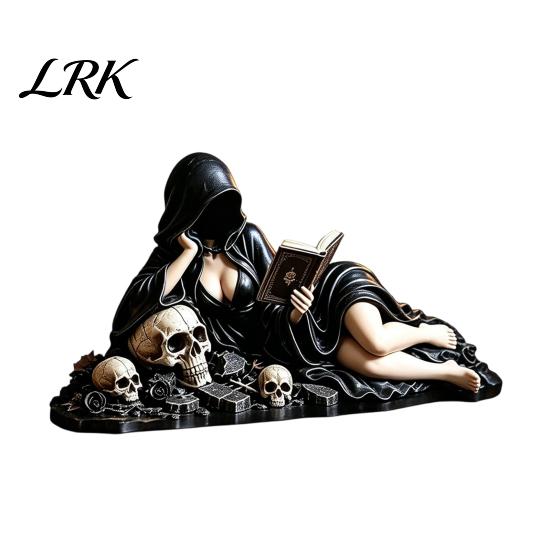 Atmospheric Gothic Interior Items Reader Statue, Hooded Skeleton Resin Figurine, Sitting Book Statue Collectible for Bookshelf, Desk Decor Home