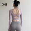 Wewnętrznie wyściełane topy do jogi damskie seksowne plecy długi rękaw top do jogi sportowy wysoka elastyczność siłownia fitness bieganie trening t-shirt miękki oddychający odzież sportowa dla