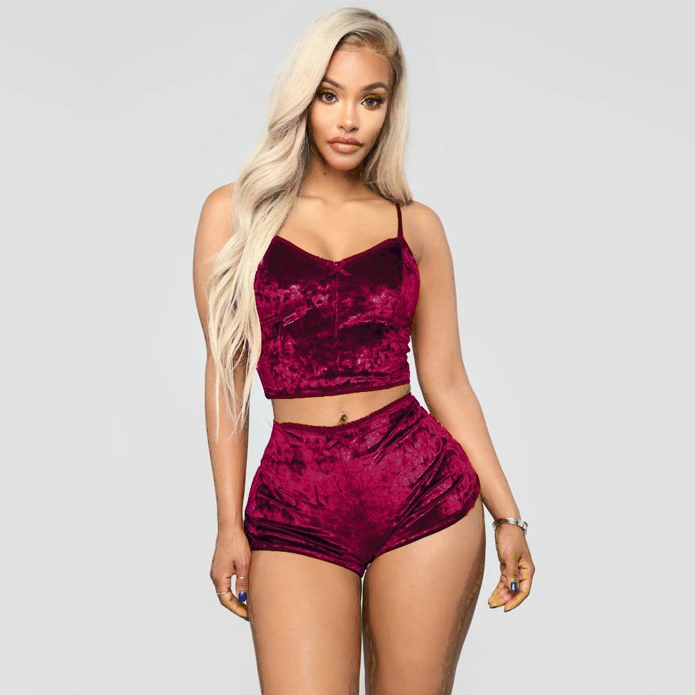 Femei 2 piese Lenjerie de dormit din catifea Crop top fără mâneci Camisole Pantaloni scurți Set de jos Set de lenjerie de damă Set pijama de damă