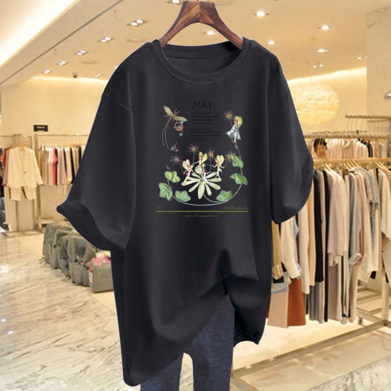 Women's White Summer Casual Loose Fit Pure Cotton Printed Short-Sleeve T-Shirt Undershirt