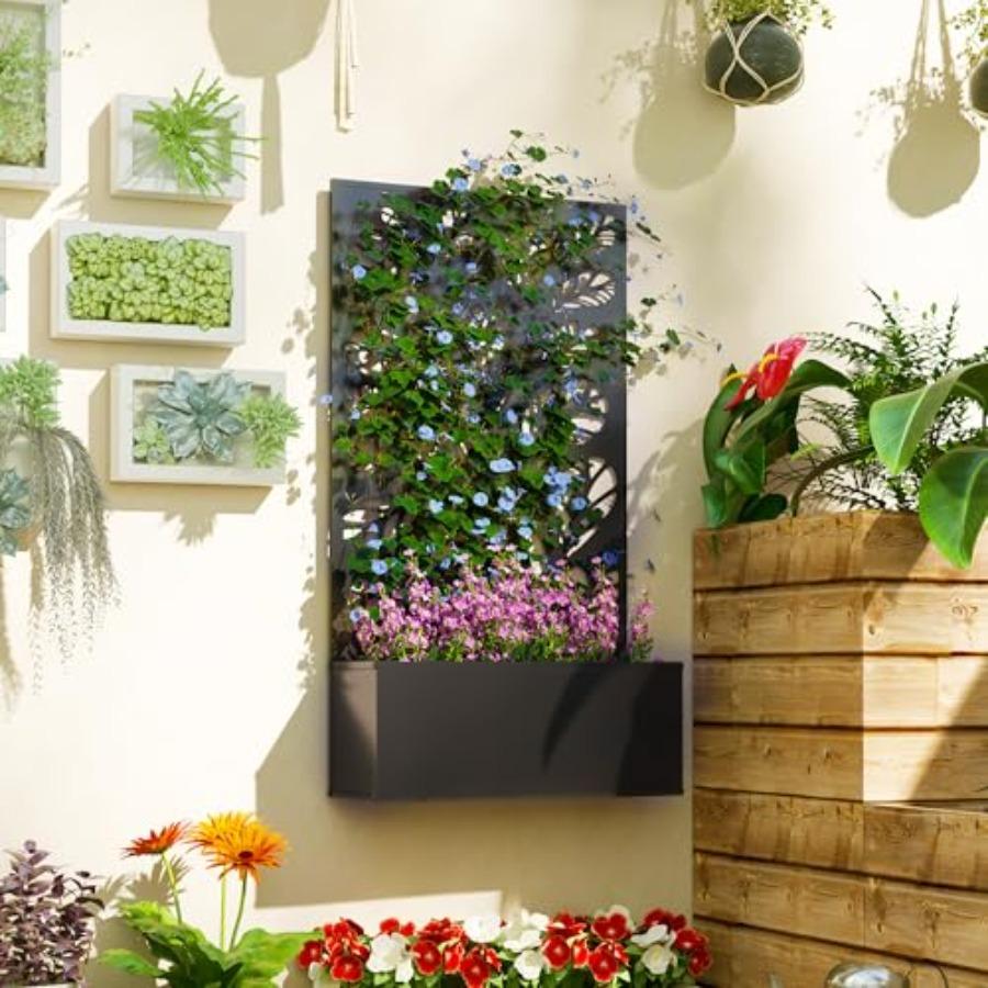 Metal Raised Garden Bed with Trellis for Climbing Plants Freestanding or Wall Mounted Flower Bed with Privacy Panel Twigs and L