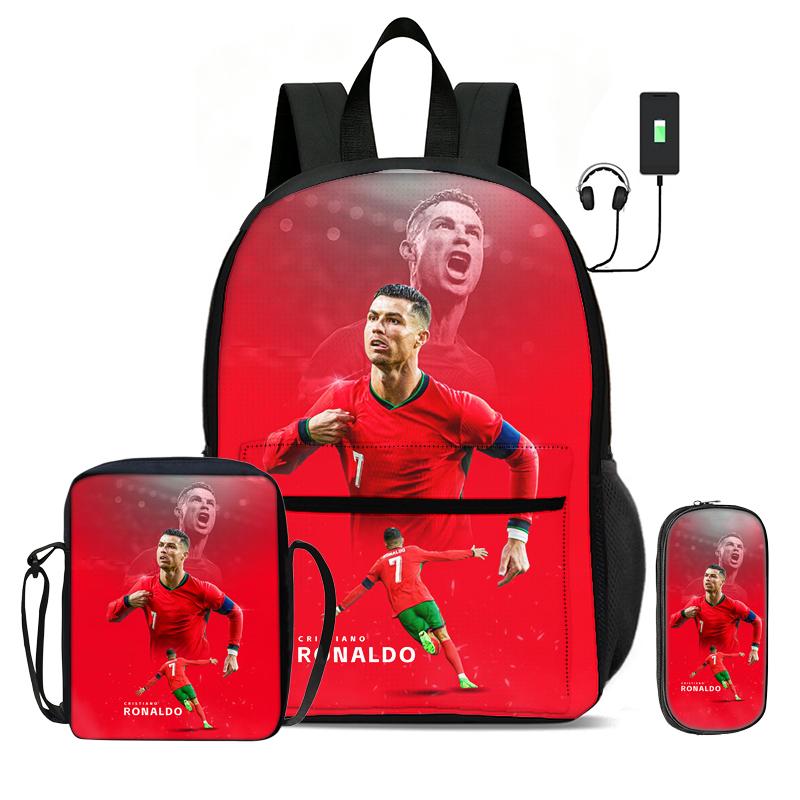 Learn, Travel Football Sport Rucksack Ronaldo 3 Pcs Set Kids Backpack Shoulder Bag, Pencil Bag, Football Star Knapsack