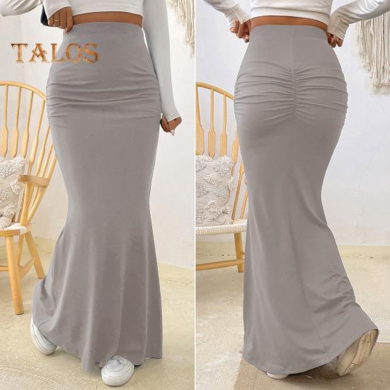 Women Maxi Skirt High Waist Solid Color Fishtail Skirt Slim Fit Hip Lifting Ankle Length Skirt Shirring Design Long Skirt