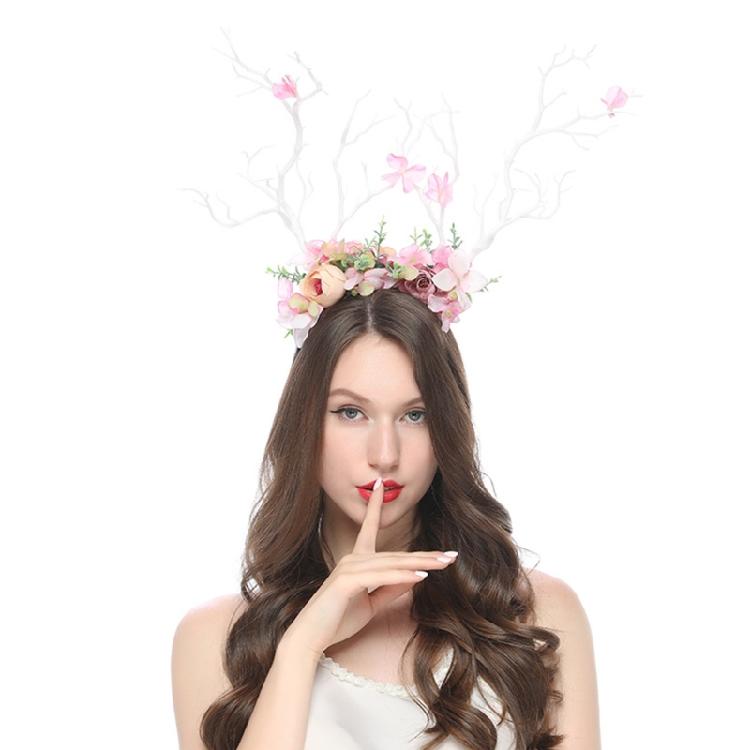 10Pcs Flower Antler Headbands Deer Horns Hairband Floral Reindeer Headpiece for Women Girls Halloween Cosplay Party Photo