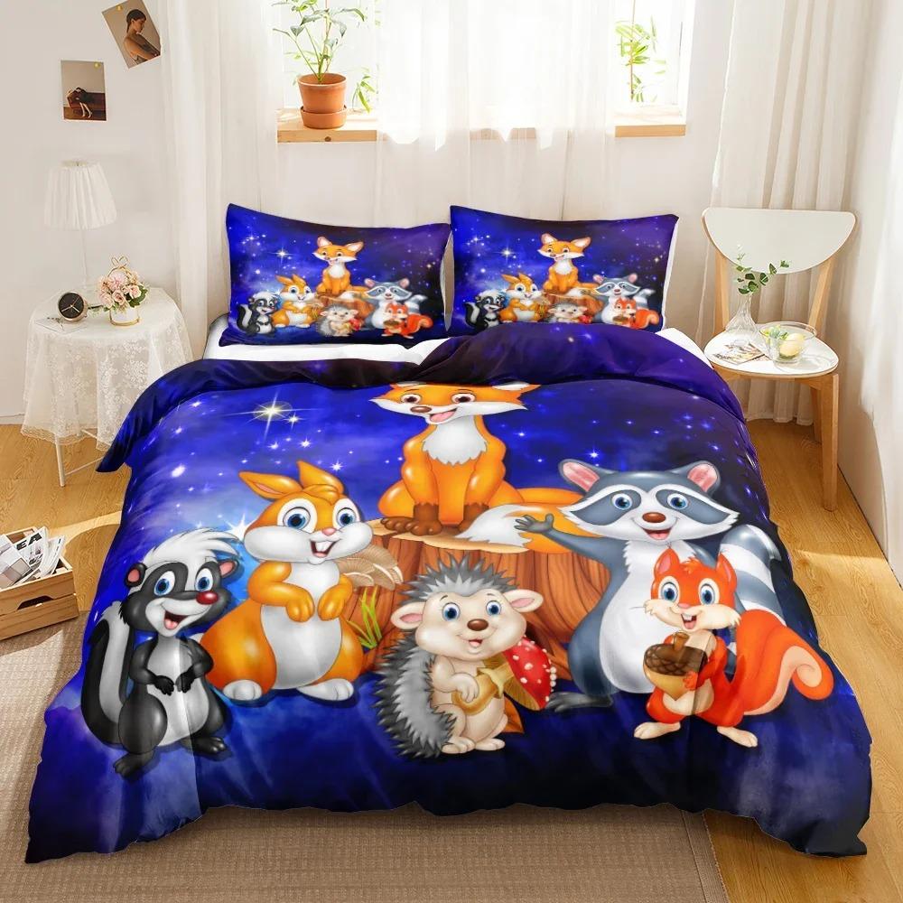 Cartoon Fuchs Bettwäsche Set Niedlicher Fuchs mit Blume Feder Stirnband Bettbezug Einzelbett Doppelbett Queen-Size King-Size Polyester Bettbezug Mädchen Jungen