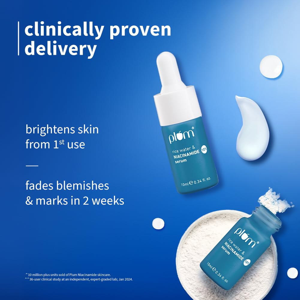 Plum 10% Niacinamide Face Serum With Rice Water For Bright Even Tone Oil Balance Quick Absorbing Pump Skin 10 ml