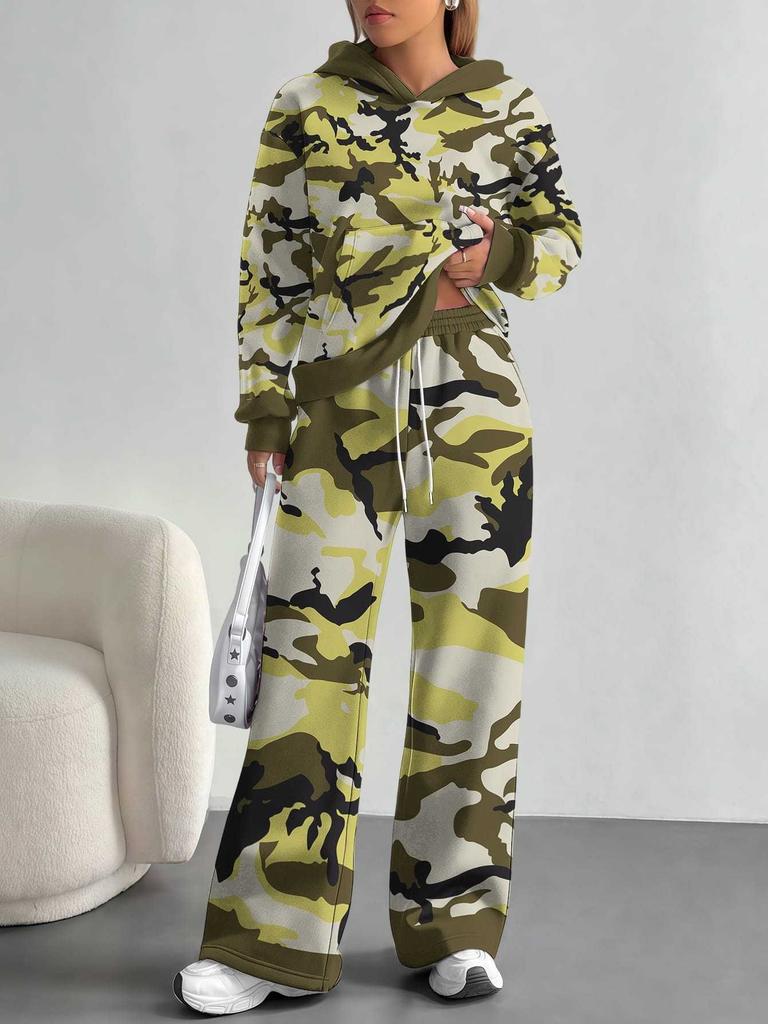 Color Graffiti European and American Autumn and Winter Casual Long-sleeved Suit Women's Hooded Sweater Trousers Two-piece Set