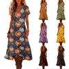 Women's Summer V Neck Short Sleeve Vintage Halloween Print Beach Dress Casual Loose Fit Midi Dress with Spider Web Pattern
