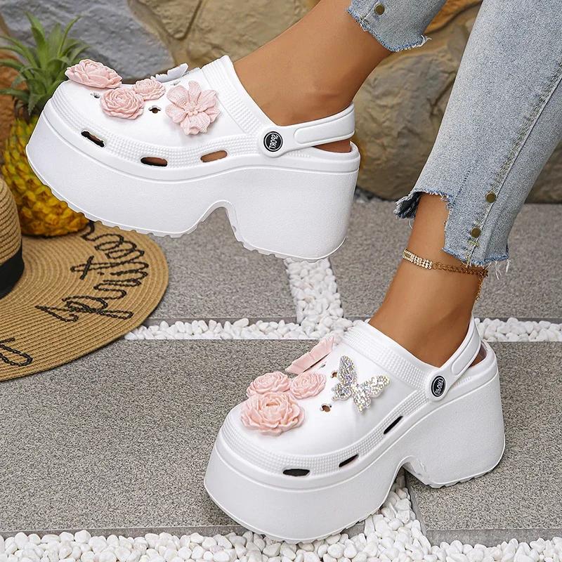 Fashion Chunky Platform Big Flower Clogs for Women Summer 2025 High Heels Soft Eva Sandals Woman Fashion Crystals Butterfly Wedges Shoes