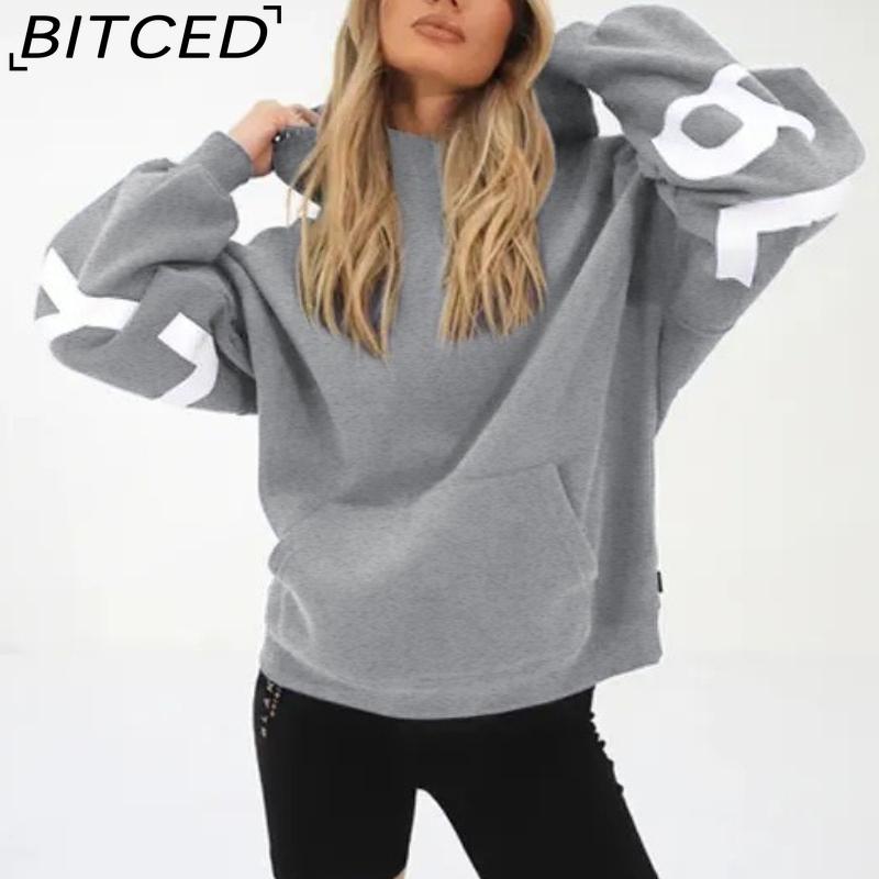 BITCED Damenmode Print Verdicktes Vielseitiges Langarm Oversize Kapuzensweatshirt