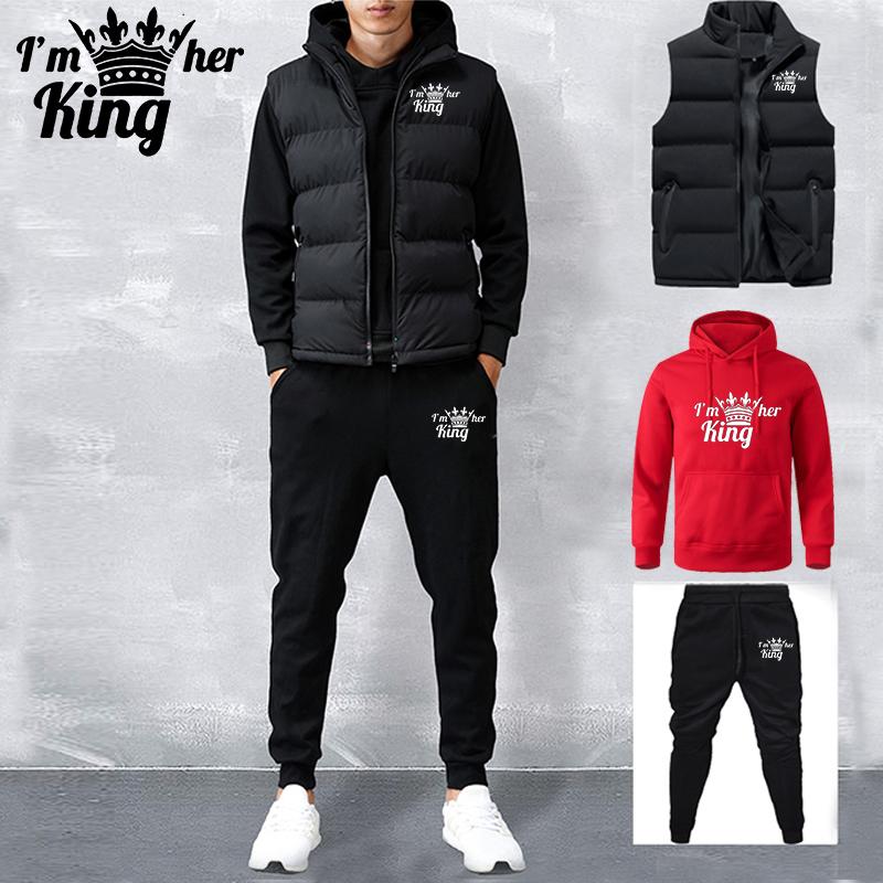 Men's Tracksuit New Autumn and Winter Solid Color  Printed Hoodie + Vest + Pants Three-piece Set Couple Casual Sportswear